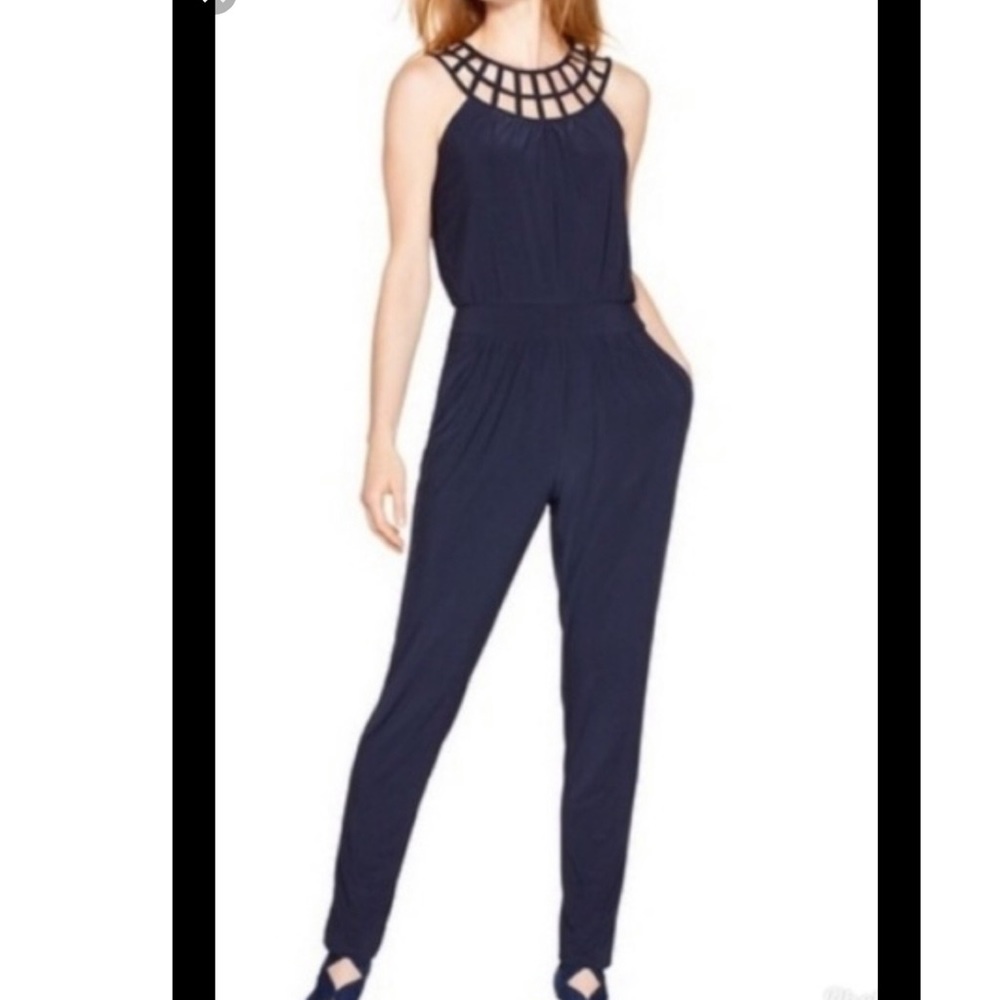 White House Black Market blue caged neck jumper